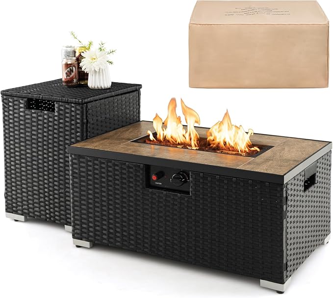 Tangkula 2 Piece Outdoor Propane Fire Pit Table Set with Hideaway Propane Tank Holder, 40,000 BTU Rattan Wicker Fire Pit Table with Lava Rocks, Waterproof Cover, Ideal for Backyard, Patio (Black)