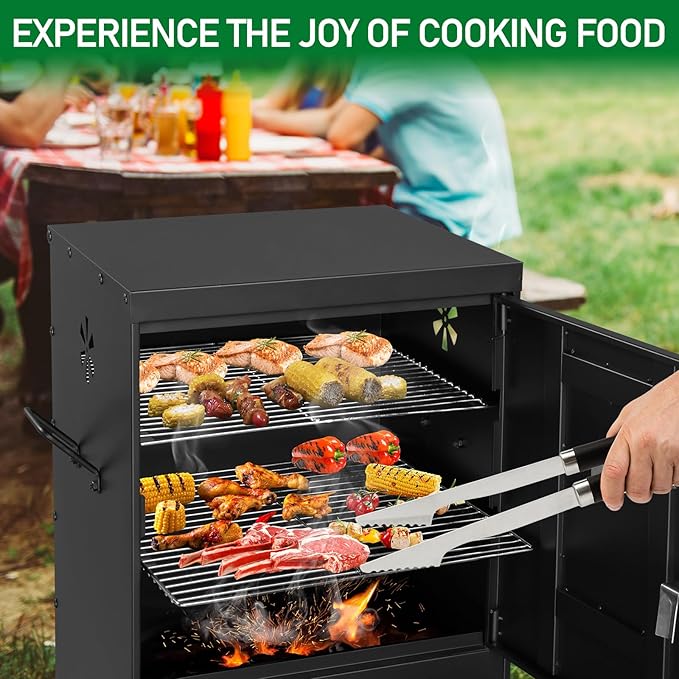 ROVSUN 2-in-1 Outdoor Smoker with Double Doors, Vertical Portable Charcoal Grill with Two Detachable Grill Smoking Racks and Charcoal Pan, Perfect for Camping Barbecue, Black