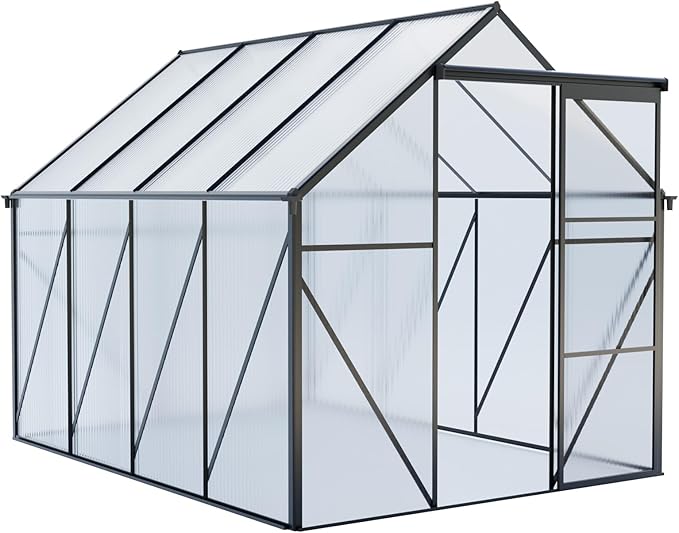 6×8 FT Black Polycarbonate Walk-in Greenhouse for Outdoor Backyard, Heavy-Duty Aluminum Frame with Sliding Door, Gutter System & Adjustable Roof Vent, Green House for Winter Gardening