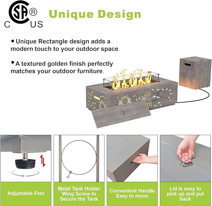 Dineli 2-Piece Outdoor Propane Fire Pit Table Set w Tank Table 42'' Rectangular Gas Fire Pits for Outside Patio Fire Table w LED, 50,000 BTU (Gray, Sunflower Pattern with Warmlight)