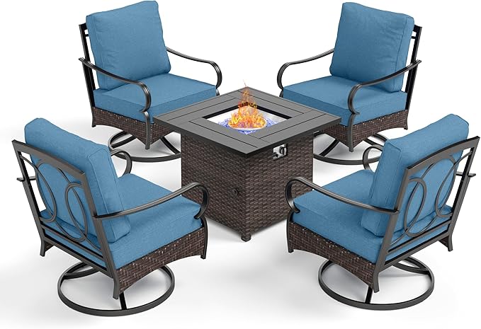 Patio Furniture Set with 32" Fire Pit Table, Patio Conversation Sets 4 Swivel Chairs with Thick Cushion and 50000 BTU Fire Pit Table (5 Pieces,Navy