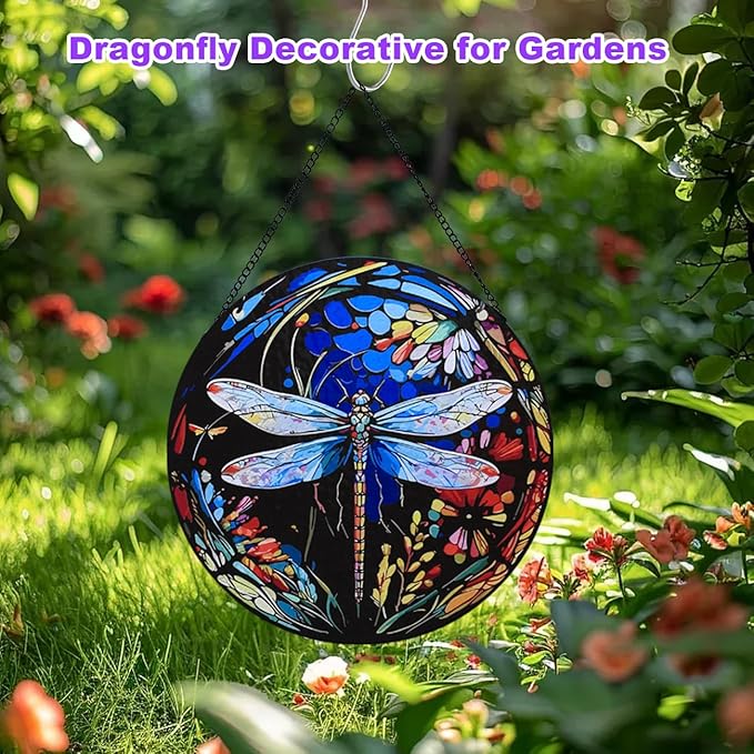 Stained Glass Window Hanging - Dragonfly Stained Glass Suncatcher, Sun Catchers for Indoor Window Decor, Gift for Women,Mom,Friends (12 Inch)