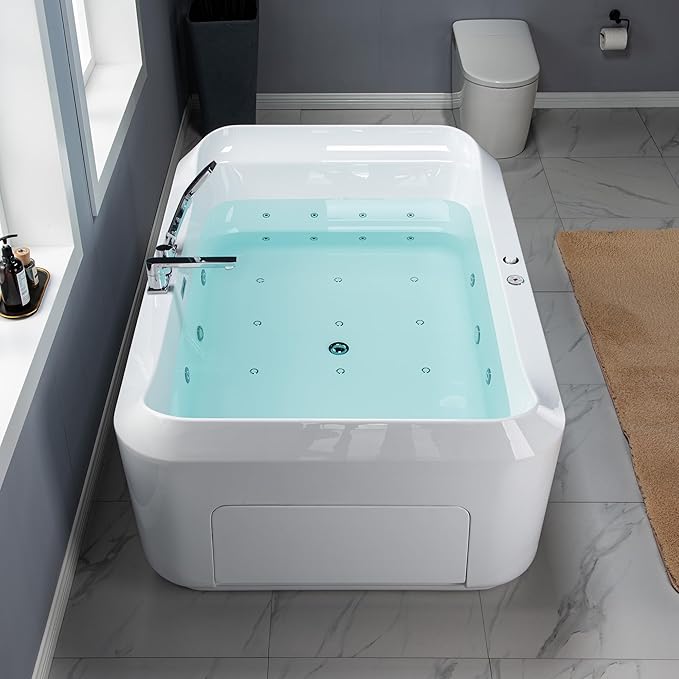 WOODBRIDGE 70-7/8"L x 47-1/4"W 2 Person Freestanding Hydrotherapy Whirlpool and Air Bath Heated Soaking Combination Massage Tub with Adjustable Speed Air Blower and Display Control Panel, B0091