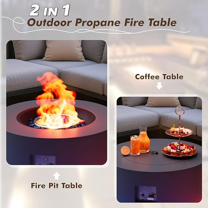 30" Round Propane Fire Pit Table - 50K BTU with Lid, Rocks Tank Storage and Cover - Round Gas Fire Pits for Outside Patio - Outdoor Table with Firepit (Gray/RGB Light, 30" Round)