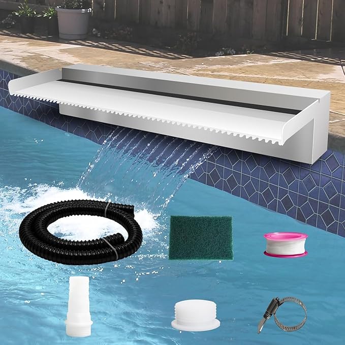Pool Fountain Stainless Steel Pond Waterfall Spillway Kits for Indoor/Outdoor Decorative, 24 Inches Pool Water Feature for Garden Patio, Backyard Koi Pond Decor(No LED Light)