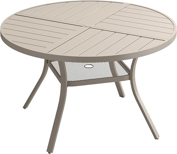 VICLLAX Round Patio Dining Table, 4 Person Metal Outdoor Dining Table with Umbrella Hole and Storage Shelf for Garden Lawn Deck, 40.6" Sandshell