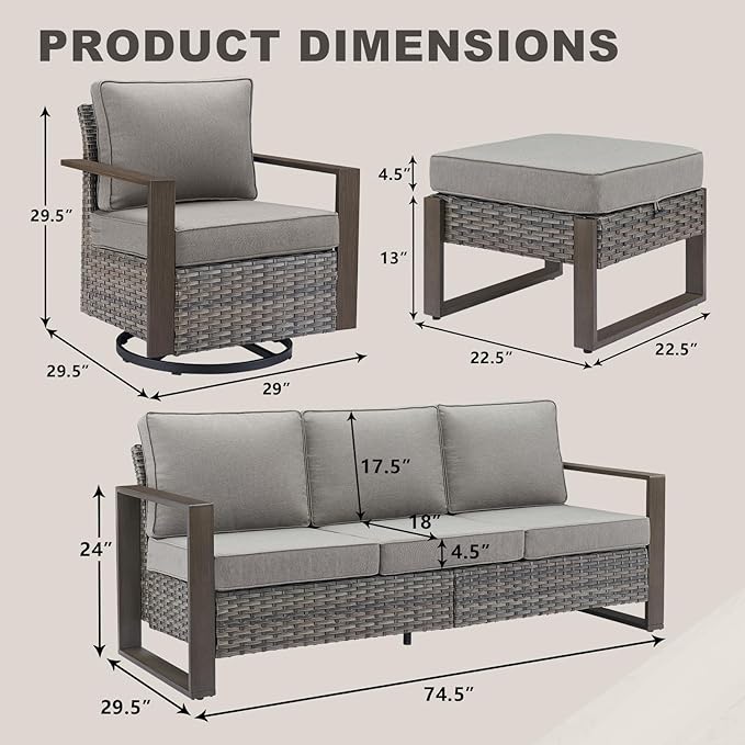 Rilyson Outdoor Wicker Patio Furniture Set - 5 Piece Patio Conversation Set with 2 Wicker Swivel Rocker Chairs,2 Rattan Ottoman and 1 Couch,Thick Cushions,Deep Seating,Wide Armrest(Mixed Grey/Grey)