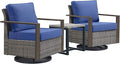 Outdoor Patio Swivel Rocker Chairs - 3 Piece Wicker Patio Furniture Bistro Set with 2 Swivel Rocking Chairs and 1 Metal Side Table,Thick Cushions,Deep Seating for Deck Porch Garden(Mixed Grey/Blue)