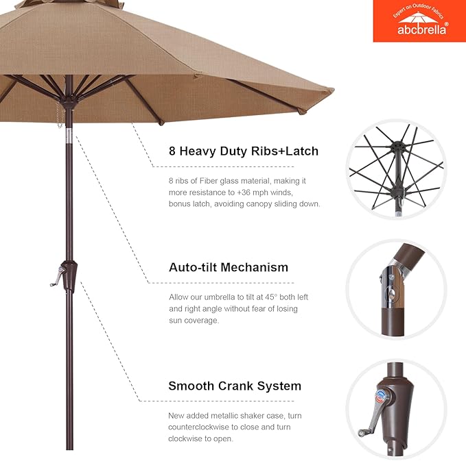ABCCANOPY OLEFIN® 5-Year No Fading 9FT Patio Umbrella, Outdoor Table Umbrella with 8 Sturdy Ribs for Deck, Backyard, Garden, Yard (Brown)