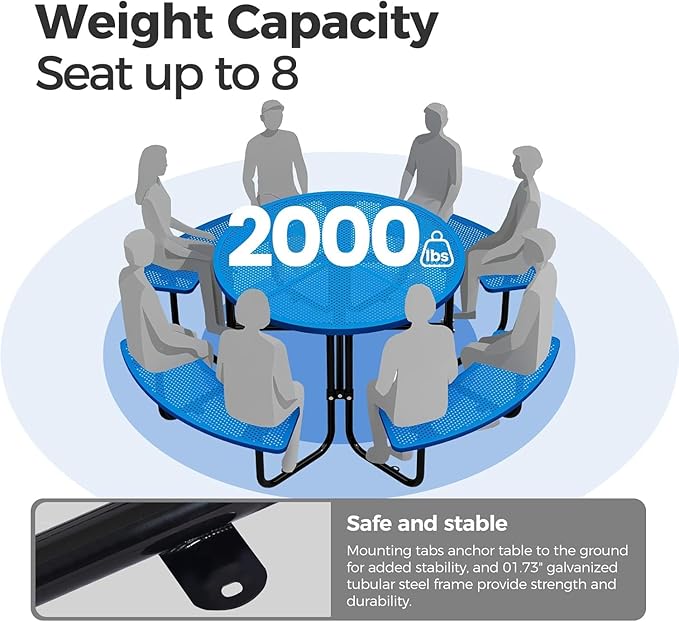 KUFUH 46" Coated Round Metal Picnic Table for 4-8 Person, Durable Heavy Duty Commercial Picnic Table with Umbrella Hole for Outdoor Coffee Shop, School, Easy to Install, Blue
