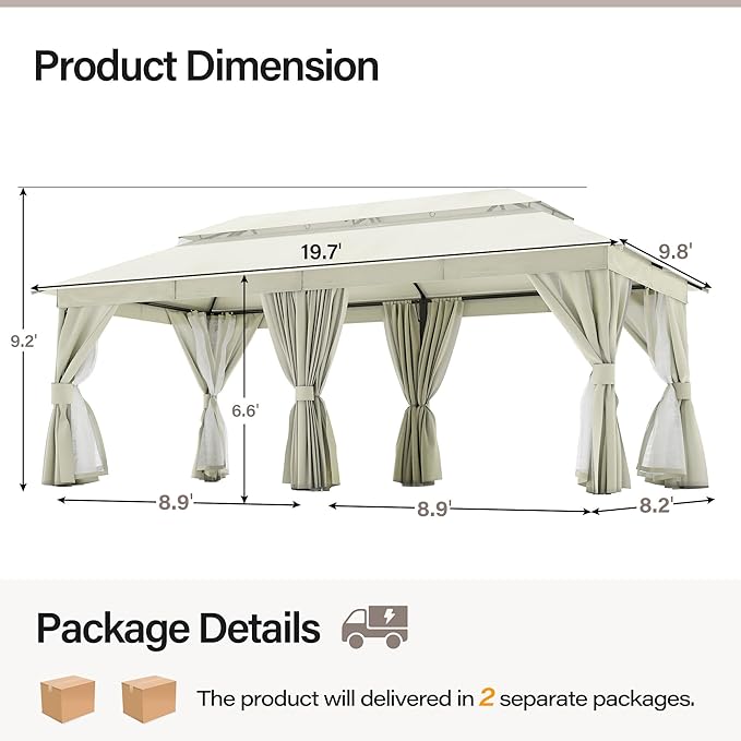 LAUSAINT HOME Outdoor Patio Gazebo 10'x20' with Expansion Bolts, Heavy Duty Party Tent & Shelter with Double Roofs, Mosquito Nettings and Privacy Screens for Backyard (Cream White)