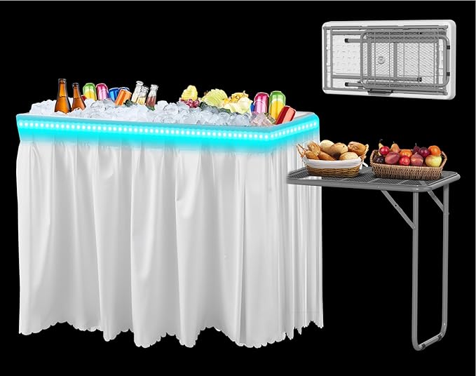 IWDOO Ice Cooler Table with Led Light, 4 Foot Outdoor Ice Table with Foldable Extension Stand, Matching Skirt & Drain Hose, Folding Cooler Tables with Metal Shelf for Party, BBQ, Camping Picnic