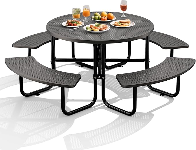 Rueekfil 46" Coated Picnic Table with Umbrella Hole, Heavy Duty Commercial Picnic Table for Outdoors, Family & Party Ready for School Camping, Round, Black