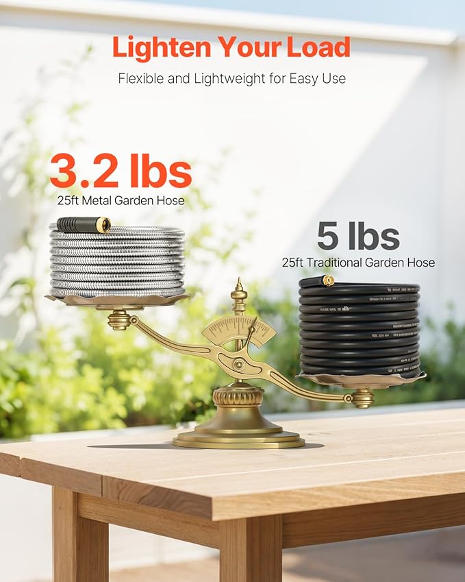 VEVOR Metal Garden Hose 25 ft, Rust Proof Stainless Steel Water Hose, Heavy Duty Backyard Hose with 10 Function Nozzle, No-Kink & Flexible Water Pipe, Lightweight Metal Hose for Yard, Outdoor