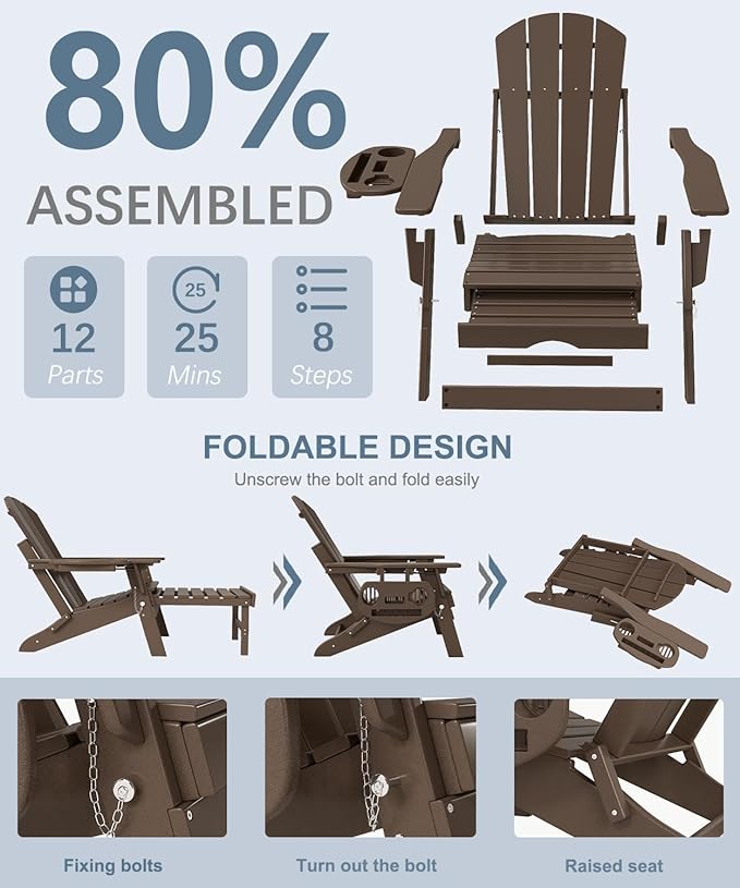 Adjustable Adirondack Chair with Retractable Ottoman Set of 2, HDPE Folding Adirondack Chair with Cup Holder, All Weather Fire Pit Chair for Outdoor,Coffee