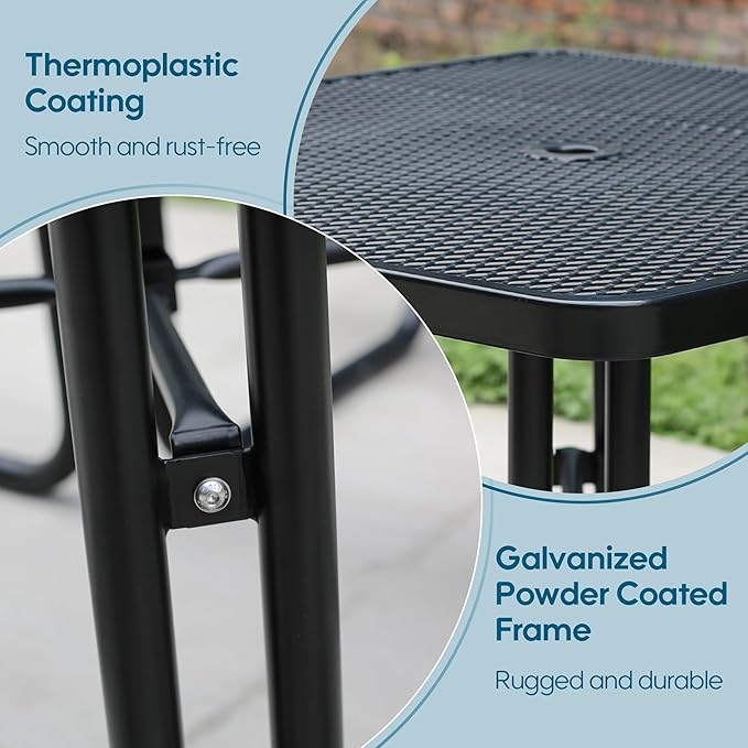 HIMcup 46" Square Picnic Table W/Benches,Heavy Duty Metal Picnic Table Set with 2in Umbrella Hole, 1600 lb Capacity,Commercial Dining Table Furniture for Yard Patio Lawn Party Coffee Shop