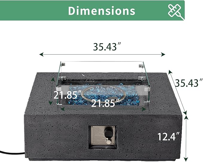 SUNBURY Outdoor Travertine Fire Pit Table, Burning Fire Pit, 35 inch Square Patio Fire Table 50,000 BTU FirePit for Outside with Waterproof Cover and Glass Stones, Light Gray