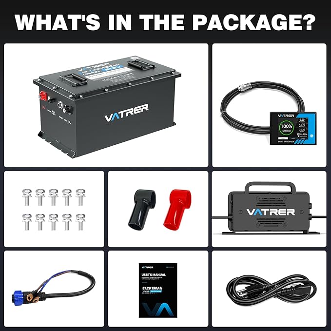VATRER POWER 48V 150Ah Lithium Golf Cart Battery, Built-in Smart 200A BMS, with Touch Monitor & Mobile APP, 4000+ Cycles Rechargeable LiFePO4 Battery, Max 10.24kW Power Output, Perfect for Golf Carts