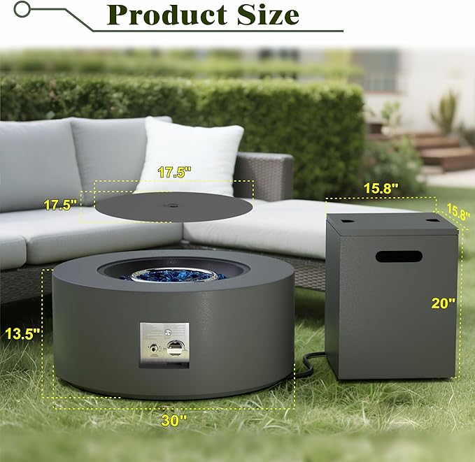 Dineli 2-Piece Outdoor Propane Fire Pit Table Set w Tank Table 30'' Round Fire Pit Table 2-in-1 Firepit Table for Outside Patio Gas Fire Pit w LED, 50,000 BTU, Dark Gray with RGB Light