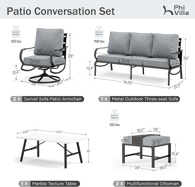 PHI VILLA 6 Piece Patio Furniture Sets with 1 x 3-Seat Deep Seating Bench, 2 x Cushioned Swivel Sofa Chairs, 1 x Coffee Table & 2 Ottoman, Outdoor Metal Conversation Set for Lawn Garden Yard,Grey