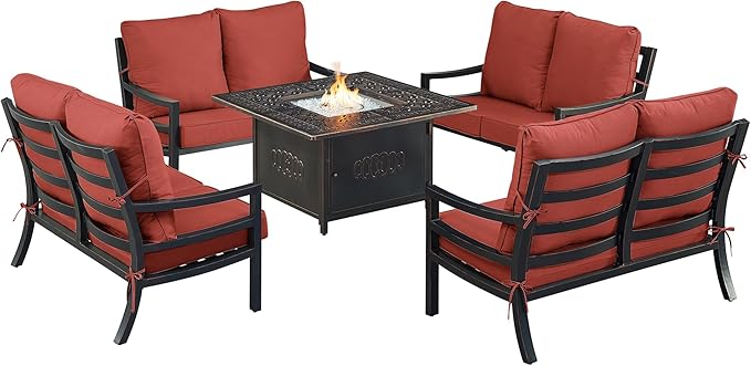 Oakland Living Black Aluminum Patio Fire Table Set with Four Deep Seating Loveseat with Cushions with Red Cushions