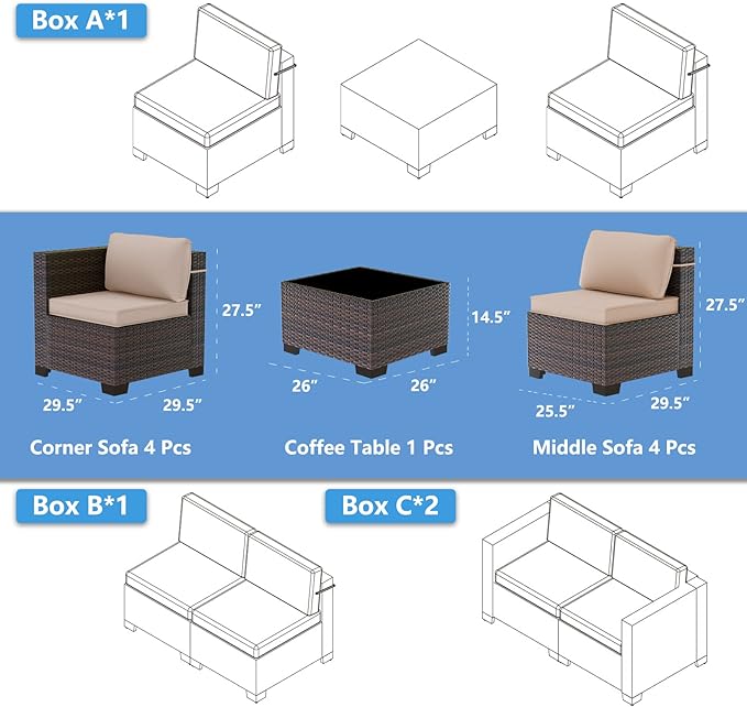 Outdoor Patio Furniture Set, 9 Pieces Outdoor Sectional Furniture Patio Set, All-Weather PE Rattan Patio Conversation Set with Tempered Glass Top Table & Cushions(Brown).