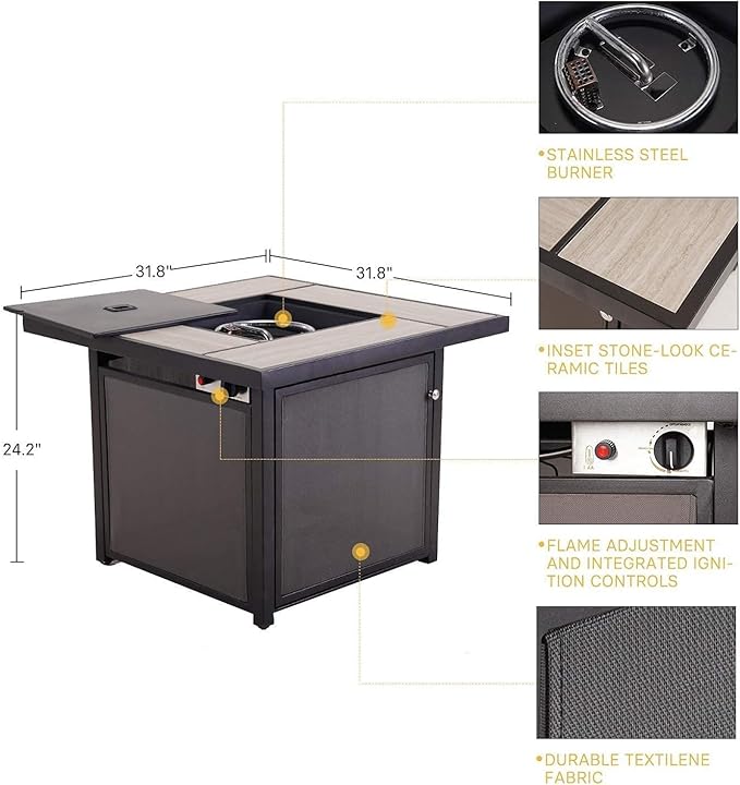 Grand Patio Outdoor Gas Fire Pit Table 32-Inch Square Propane Gas Fire Pit with CSA Safety Approval 50000 BTU Heat Sling Base Ceramic Tile Top and Lava Rock for Garden, Backyard, and Deck Parties