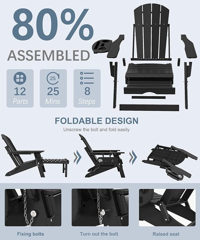 Adjustable Adirondack Chair with Retractable Ottoman Set of 2, HDPE Folding Adirondack Chair with Cup Holder, All Weather Fire Pit Chair for Outdoor.