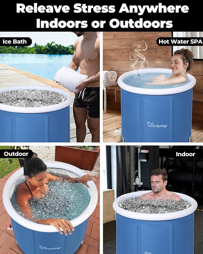 XL Ice Bath Tub for Athletes & Adults - 105 Gallons Ice Tub, Cold Plunge Tub with Cover, Ice Plunge Tub for Recovery & Cold Water Therapy, Inflatable Ice Bath Barrel for Indoor Outdoor - Blue