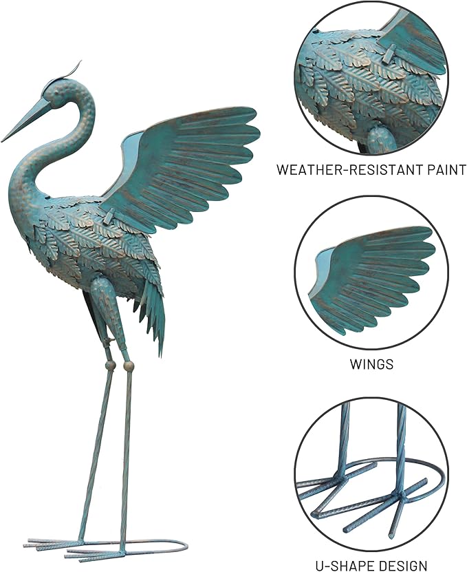Oritty 33-37 Inch Metal Crane Garden Statue Décor, Bird Garden Sculpture & Statues, Outdoor Decoration for Yard Patio Lawn Backyard Pool, Vintage Spread Wings Crane, Set of 2