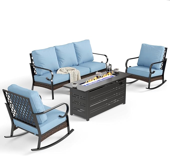 SUNSHINE VALLEY 4 Piece Black Metal Outdoor Patio Furniture Sets with Firepit Table, Patio Conversation Sets 1 3-Seater Sofa, 2 Rocking Sofa with 5.75" Thick Cushion Backyard Furniture for Deck, Blue