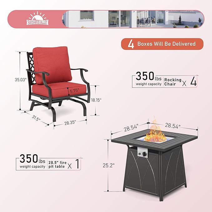 SUNSHINE VALLEY 5 Piece Metal Outdoor Patio Furniture Set with Fire Pit Table, Patio Conversation Sets 4 Rocking Chairs with 5.75" Thick Cushion and 5000 BTU Fire Pit Table, Backyard Furniture, Red