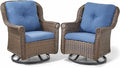 Patio Chairs Outdoor Swivel Glider - Set of 2 High Back Outside Brown Wicker Rattan Rocking Chair with Thick Cushion for Porch Apartment Deck Yard Poolside Garden - Navy Blue