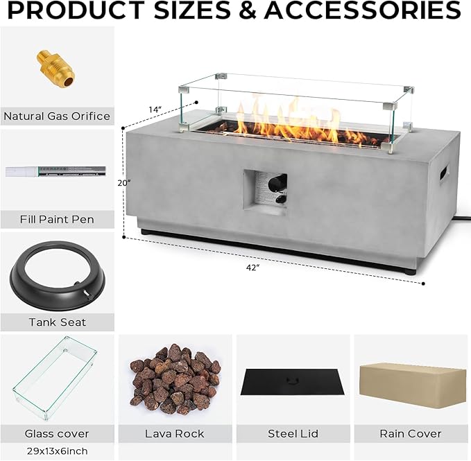 42 Inch Propane Fire Pit Table w/Wind Guard, Modern Gas Fire Pits for Outside Patio, Ignition Systems Firepit, 50,000 BTU Outdoor Fire Table for Patio Backyard Deck