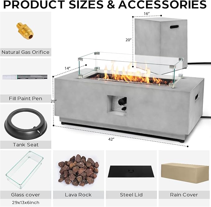 42 Inch Propane Fire Pit Table Set, 3 Pieces Modern Gas Fire Pits for Outside Patio, Firepit w/Tank Cover Table & Wind Guard, 50,000 BTU Outdoor Fire Table for Patio Backyard Deck