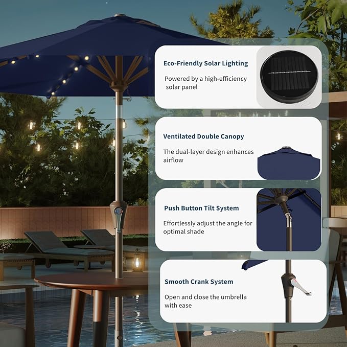 9FT Solar Umbrella 32 LED Lighted Patio Umbrella Table Market Umbrella w/Tilt and Crank, UV-Resistant Outdoor Umbrella for Pool, Garden, Deck, Navy Blue