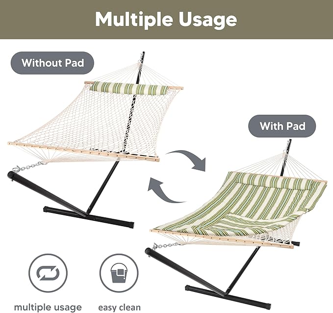 SUNCREAT Cotton Rope Hammock for Two People with Hardwood Spreader Bars, Quilted Fabric Pad & Detachable Pillow, Extra Large Hammock with 12 FT Steel Stand, Ipad Bag & Cup Holder, Green&Beige