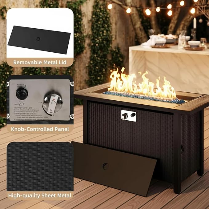 JAMFLY 45 Inch Propane Fire Pit Table, 50,000 BTU Outdoor Gas Firepit Table for Outside Patio, Glass Wind Guard, Blue Glass Rocks,Waterproof Cover, Grey