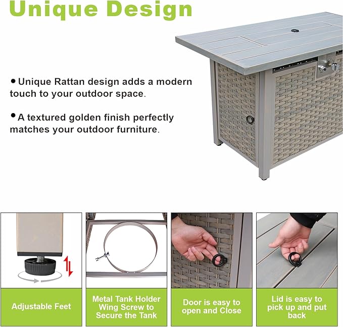 30" Round Propane Fire Pit Table - 50K BTU with Lid, Rocks Tank Storage and Cover - Round Gas Fire Pits for Outside Patio - Outdoor Table with Firepit (Brown, 43" Rectangular)