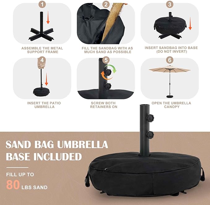 Sundale Outdoor Olefin 5-Year-Non-Fading Patio Umbrella with Sand Bag Umbrella Base, Outdoor Umbrella with Tilt and Crank