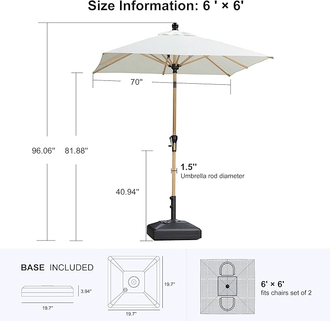 PURPLE LEAF 6' x 6' Square Outdoor Umbrella with Base Outdoor Table Umbrella Aluminum Patio Umbrella with Push Button Tilt & Crank and 8 Ribs Market Umbrella for Pool Backyard Beach, Cream