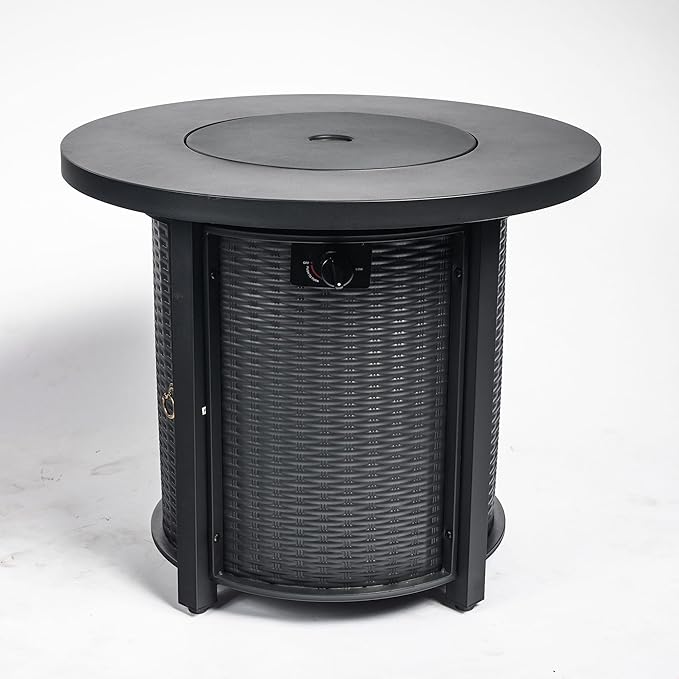 GDFStudio 30" Round Propane Fire Pit Table, 50000 BTU Outdoor Gas Heater with Steel Top & Wicker Base, for Patio, Deck, Garden, Black