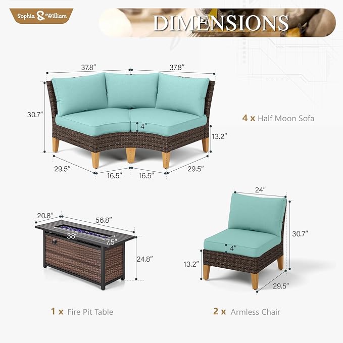 Sophia & William Patio Furniture Set with Fire Pit Table, 11 Piece Half Moon Outdoor Wicker Sectional Sofa Set, Curved Rattan Conversation Set with 56-Inch Fire Pit Table(Aqua Blue)