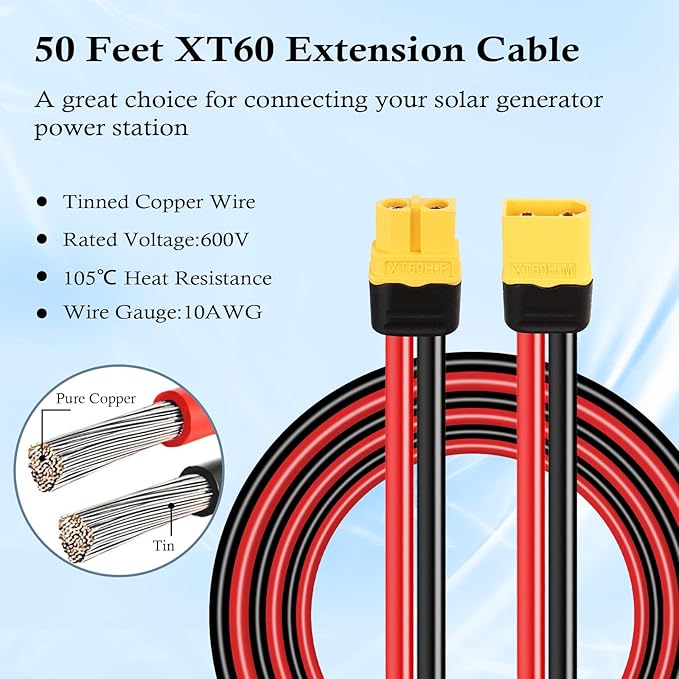 XT60 Extension Cable 10AWG 50FT XT60 to XT60 Cable with Male to Female Connector for Portable Power Station Solar Panel RC Battery