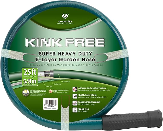 Worth Lead-in Green Garden Hose 5/8 in. x 25 ft. -Kink Free, No Leaking, Male/Female Fittings -Heavy Duty Durable Flexible Lightweight Water Pipe -Brass Aluminum Ends for Household & Yard Use