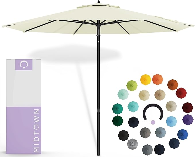Midtown Umbrellas Push Pop Sunbrella Umbrella 9 Feet Outdoor Umbrella in Canvas Natural Fabric - Patio Umbrella, Backyard Umbrella, Garden Umbrella, Picnic Table Umbrella & Pool Umbrella - Black Pole