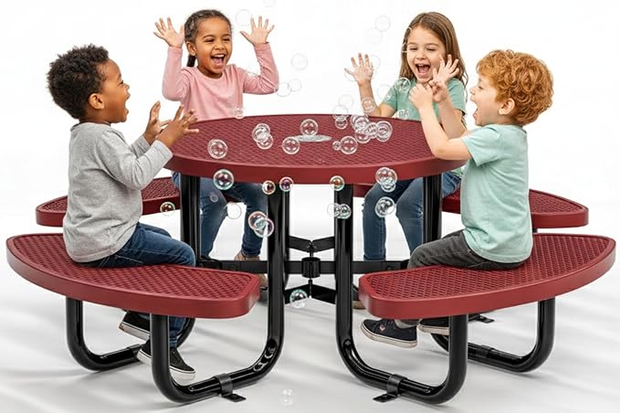 OUTTANS Round Metal Picnic Tables for Kids for Outdoors with Umbrella Hole, Adjustable Seats for School, Park, Playground (Red, 38 in, Kids, Expanded Steel)