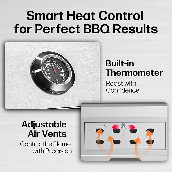 Large Built-In Charcoal BBQ Grill, Charcoal Grills with Liftable Tray, Insulated Hood & Temperature Gauge, Heavy-Duty Stainless Steel Barbecue Grill for Outdoor Kitchen, Family Parties, and Camping