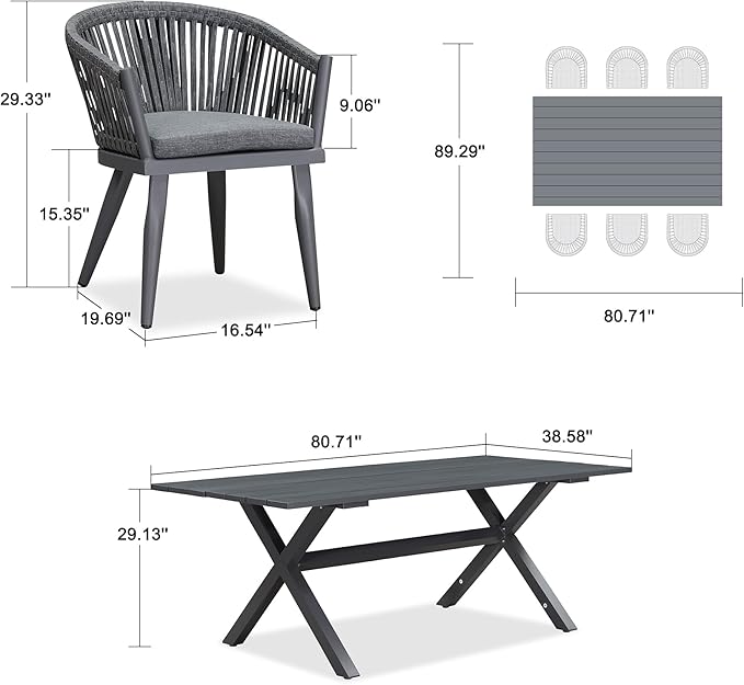 PURPLE LEAF 7 Pieces Longer Outdoor Dining Set with Patio Aluminium Dining Table and Wicker Chairs Modern Furniture Cushions Sets for Backyard Indoor Decor Kitchen Gray
