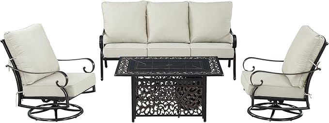 Oakland Living Black Aluminum Patio Fire Table Set with Deep Seating Sofa, Two Club Chairs and Wind Blocker
